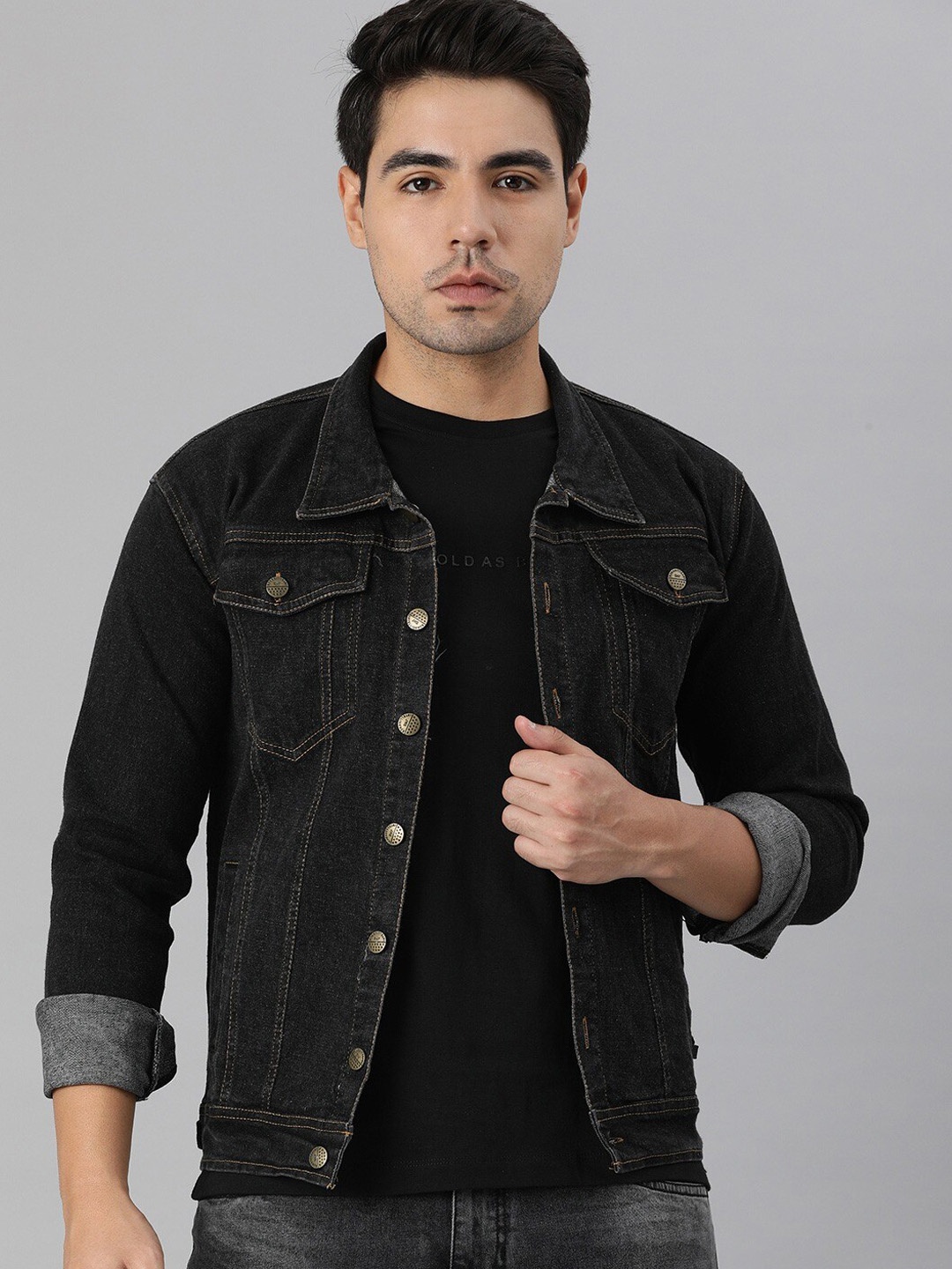 

VOXATI Men Black Washed Denim Jacket with Embroidered