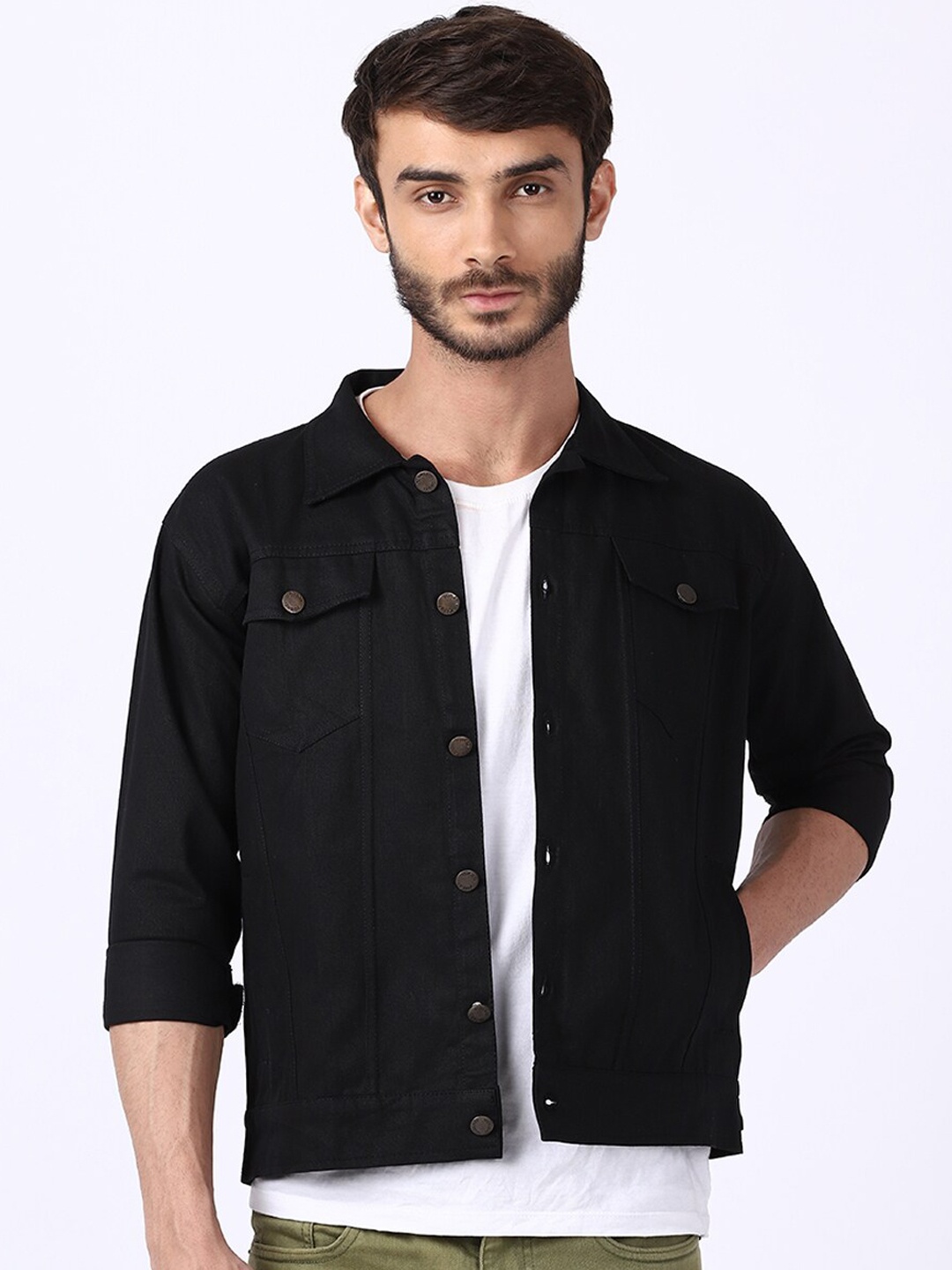 

VOXATI Men Black xiketic Washed Checked Crop Denim Jacket
