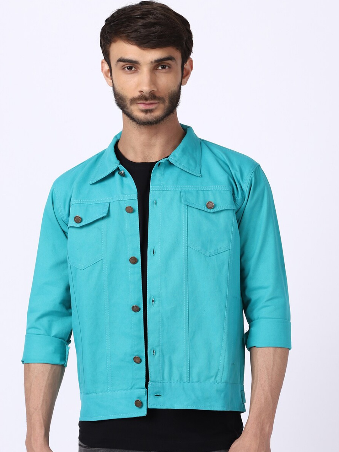 

VOXATI Men Blue Crop Denim Jacket with Embroidered