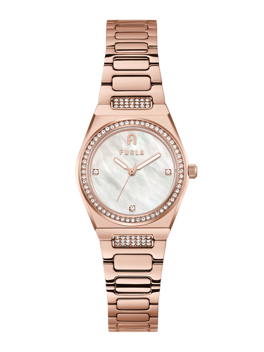 

Furla Women White Embellished Dial & Rose Gold Toned Stainless Steel Bracelet Style Straps Digital Watch