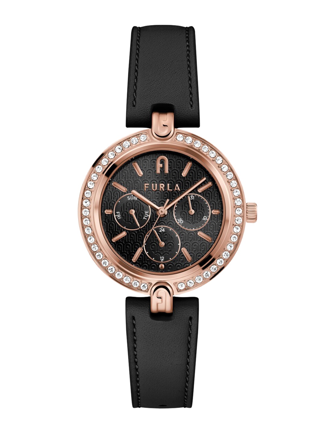 

Furla Women Black Embellished Dial & Leather Straps Analogue Multi Function Watch
