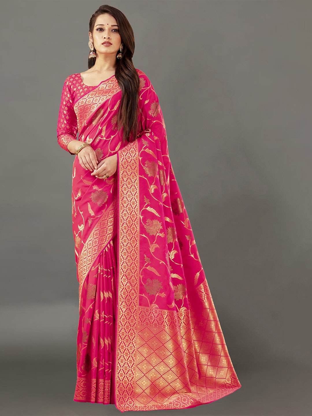 

Ekta Textiles Pink Floral Zari Pure Silk Banarasi Saree