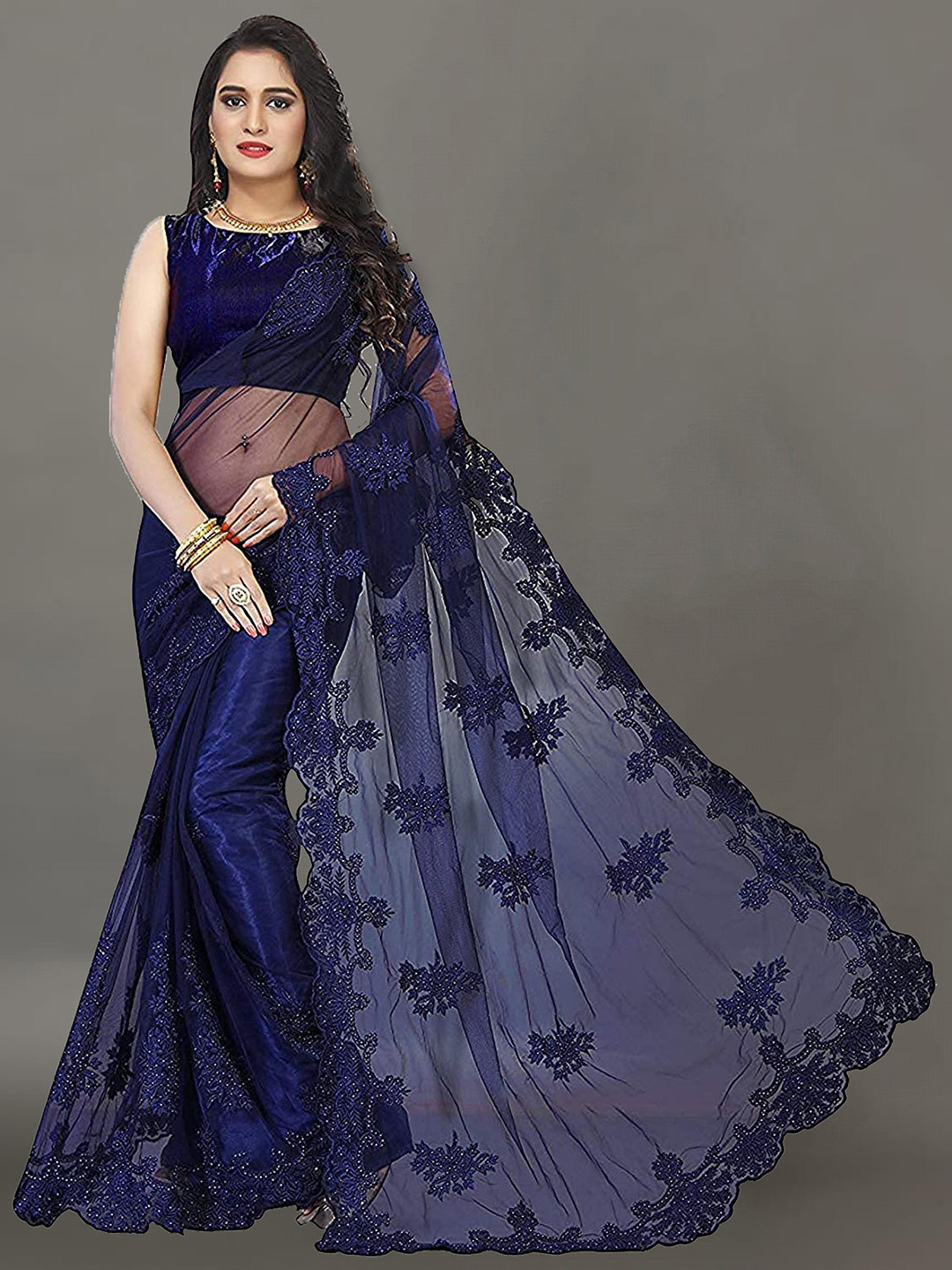 

Ekta Textiles Navy Blue Ethnic Motifs Embroidered Net Saree