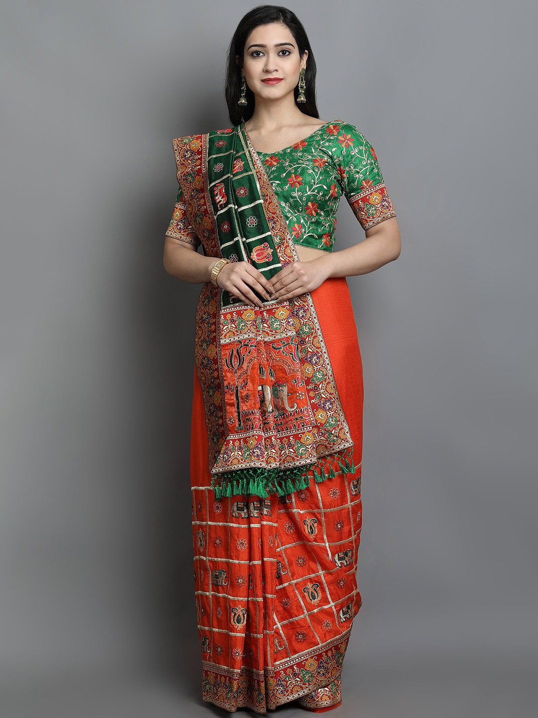 

Ekta Textiles Orange & Green Woven Design Embroidered Silk Blend Half and Half Patola Saree