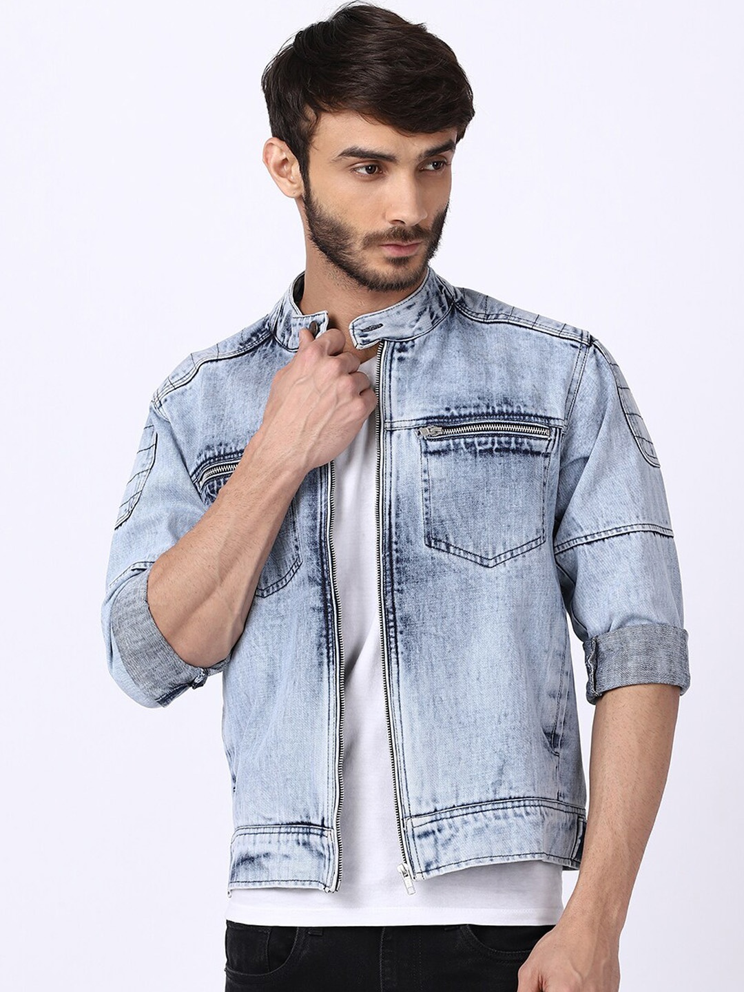 

VOXATI Men Blue bright gray Washed Denim Jacket with Patchwork