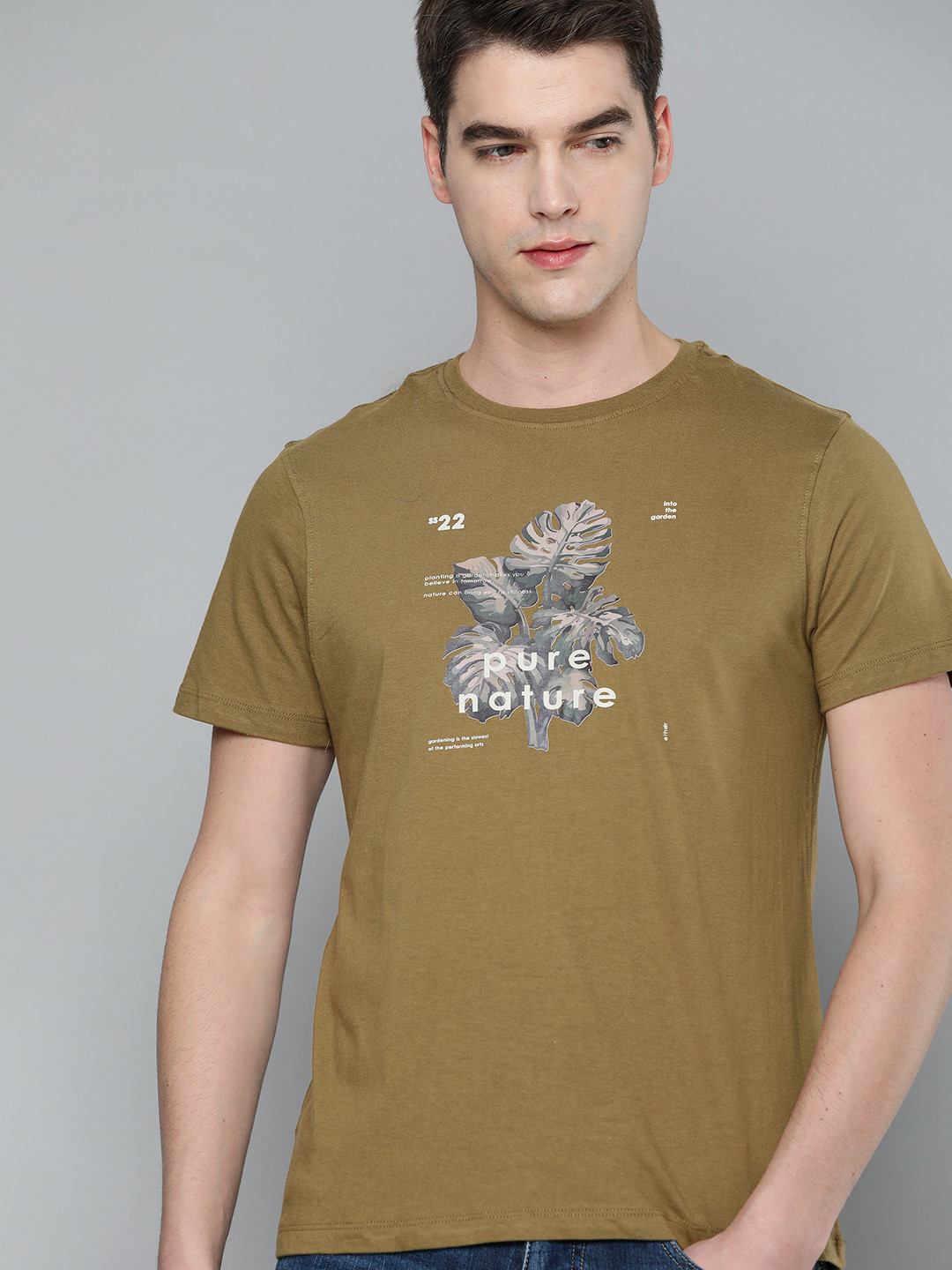 

ether Men Olive Green & Green Pure Cotton Graphic Printed T-shirt