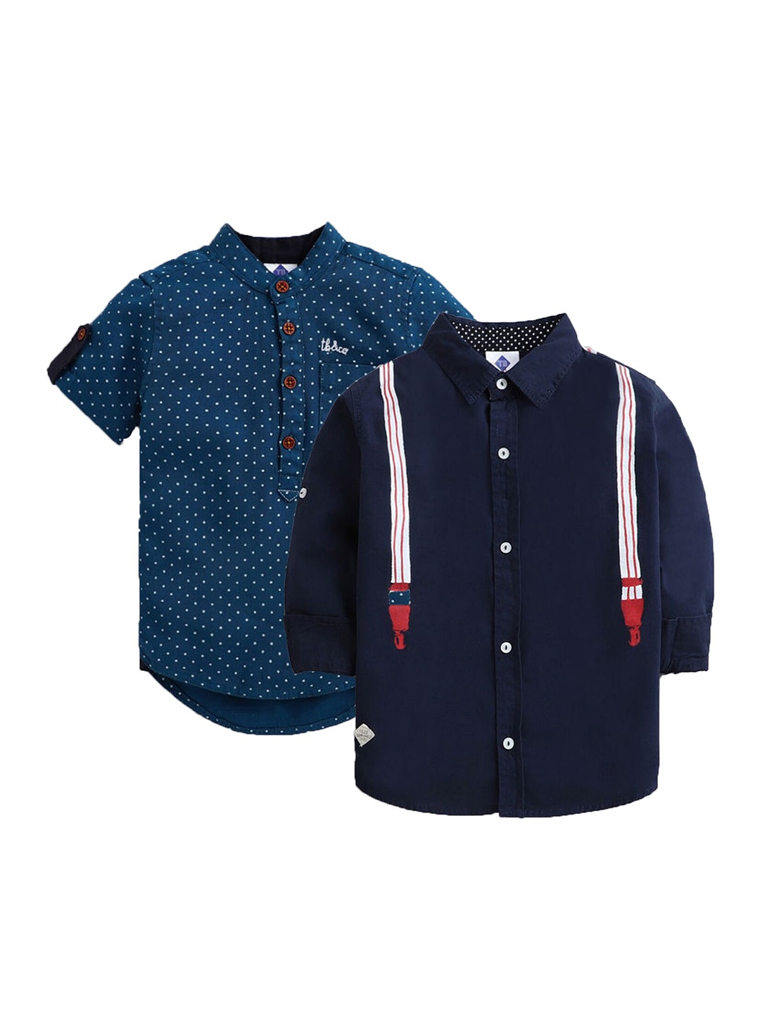 

TONYBOY Boys Premium Teal/Navy (Pack of 2) Polka Dot Shirt & Suspender Print Shirt, Multi