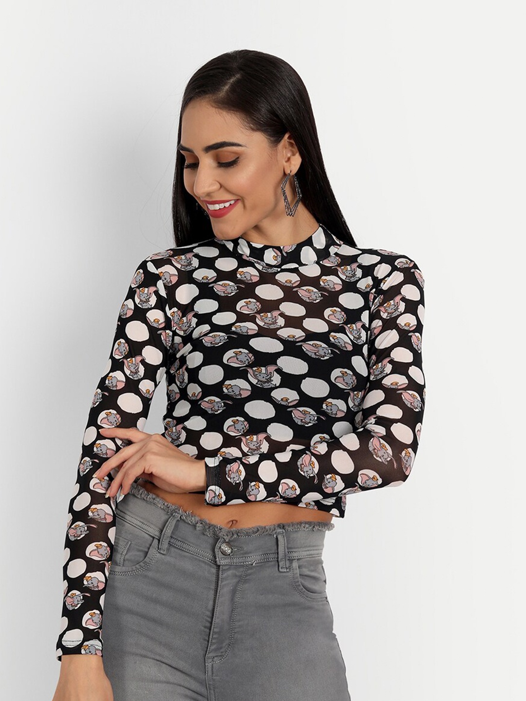 

ESSQUE Black Print High Neck Net Crop Top