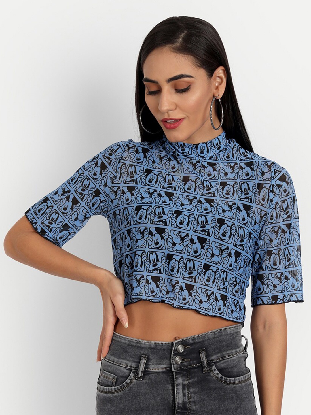 

ESSQUE Blue Floral Print Net Crop Top