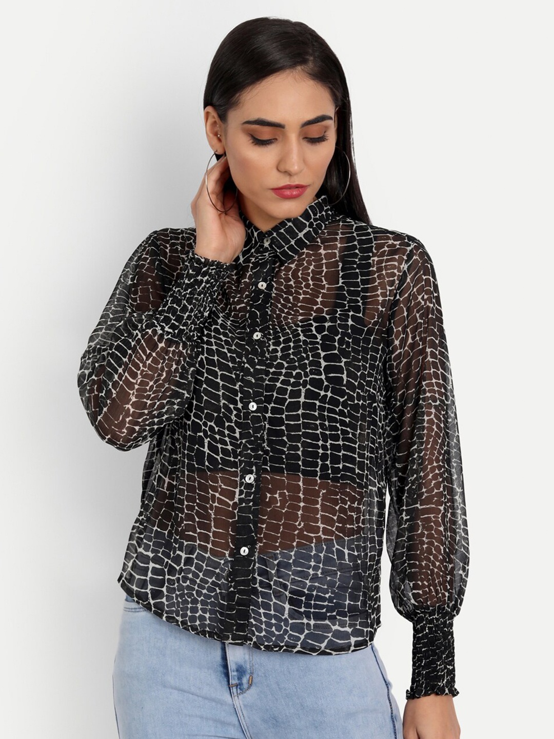 

ESSQUE Black Animal Print Chiffon Shirt Style Top