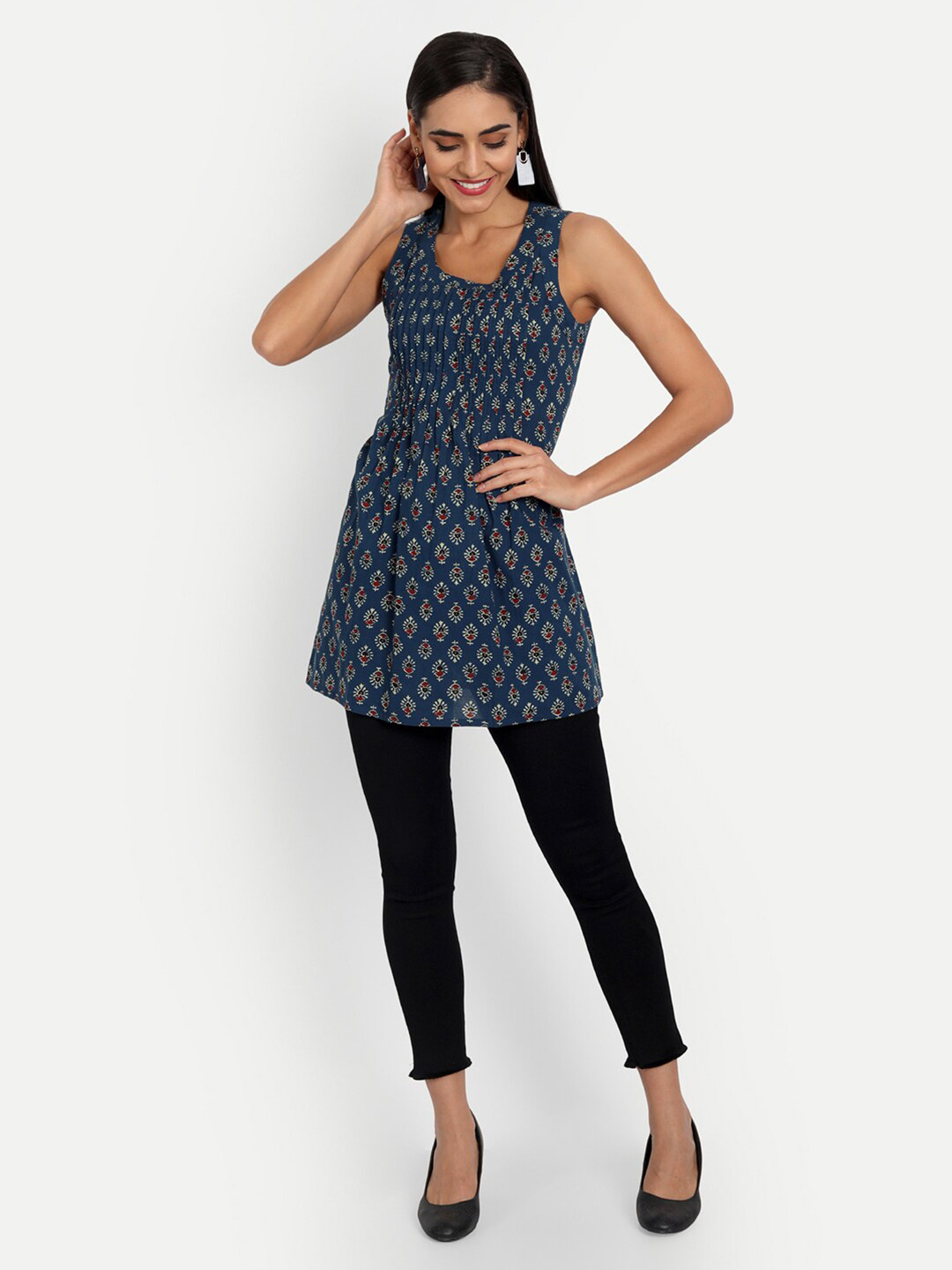 

ESSQUE Blue Ethnic Motifs Printed Cotton Front Pin Tucks Top