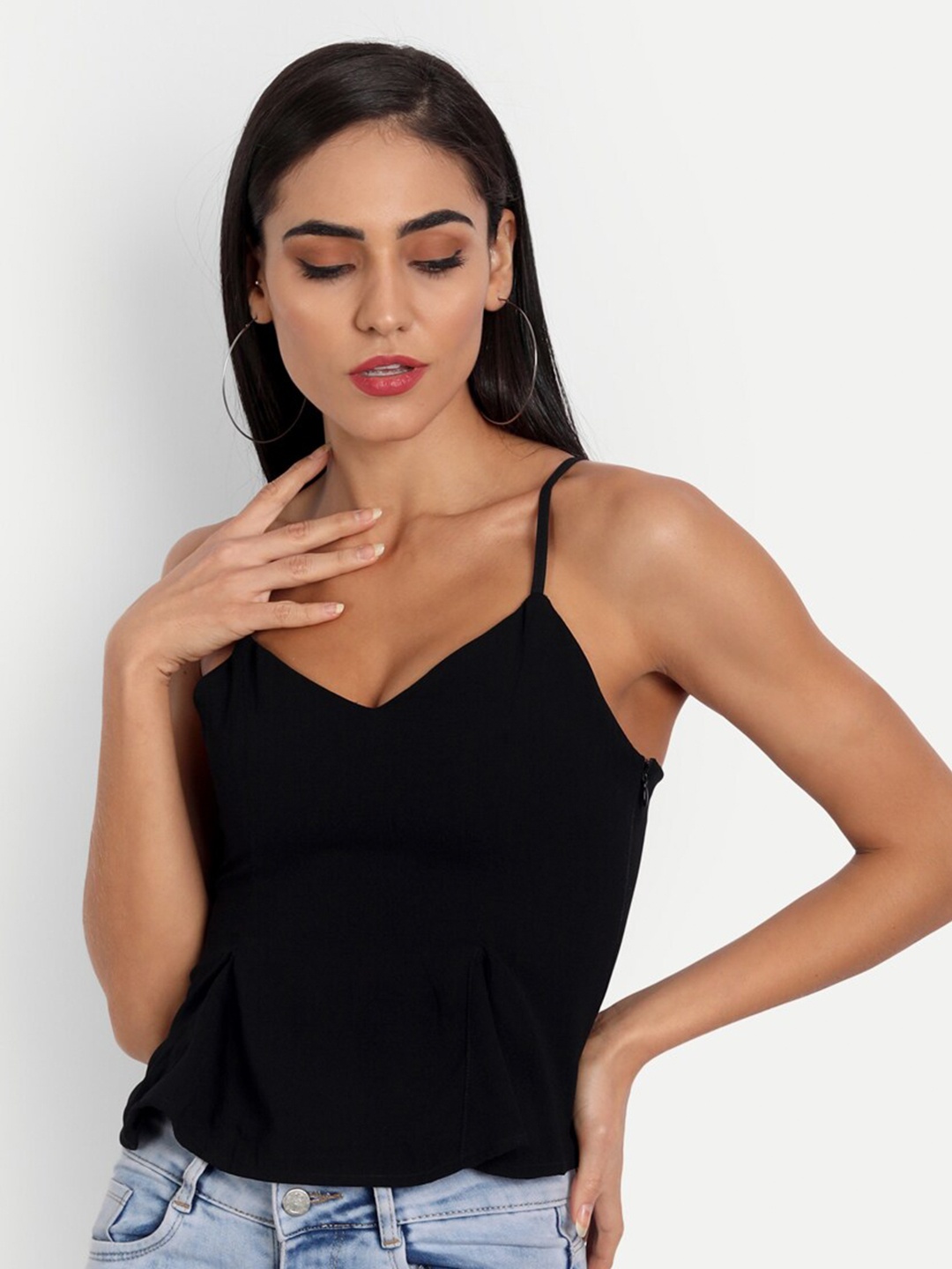 

ESSQUE Women Black Back Styled Back Peplum Top