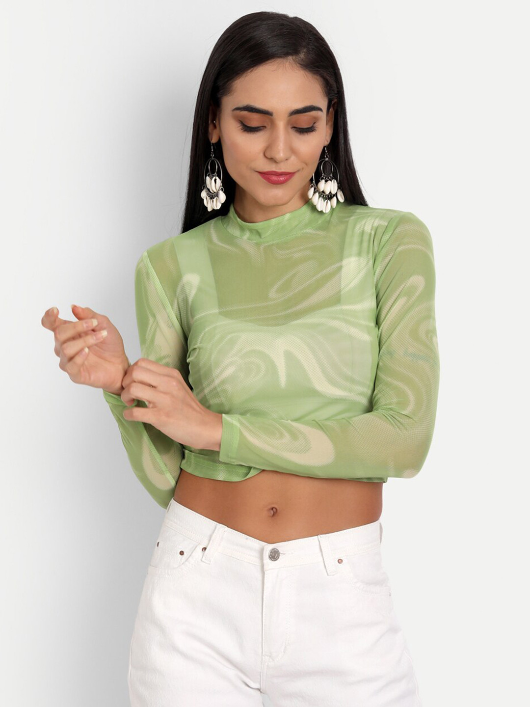 

ESSQUE Green & White Abstract Printed Net Crop Top