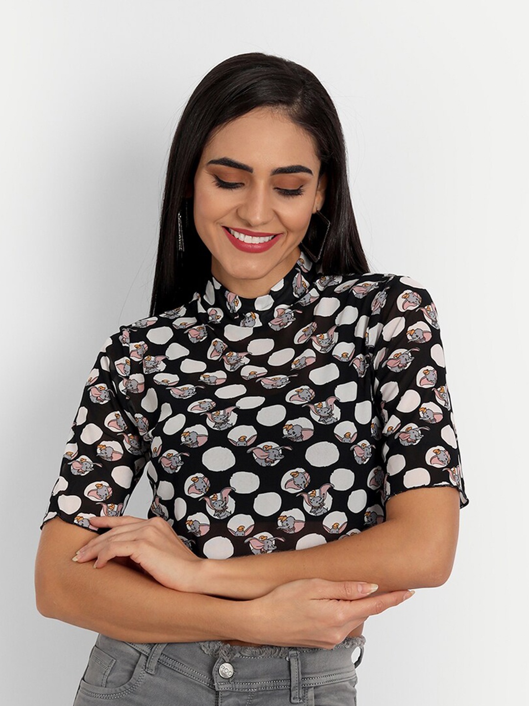 

ESSQUE Black Geometric Checked Net Crop Top