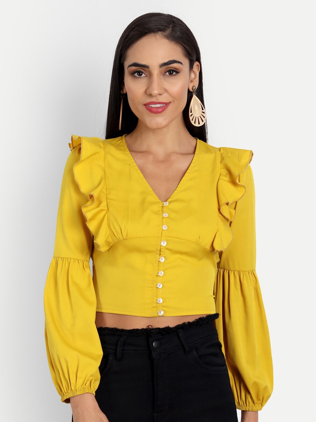 

ESSQUE Mustard Yellow Ruffled Crepe Blouson Crop Top