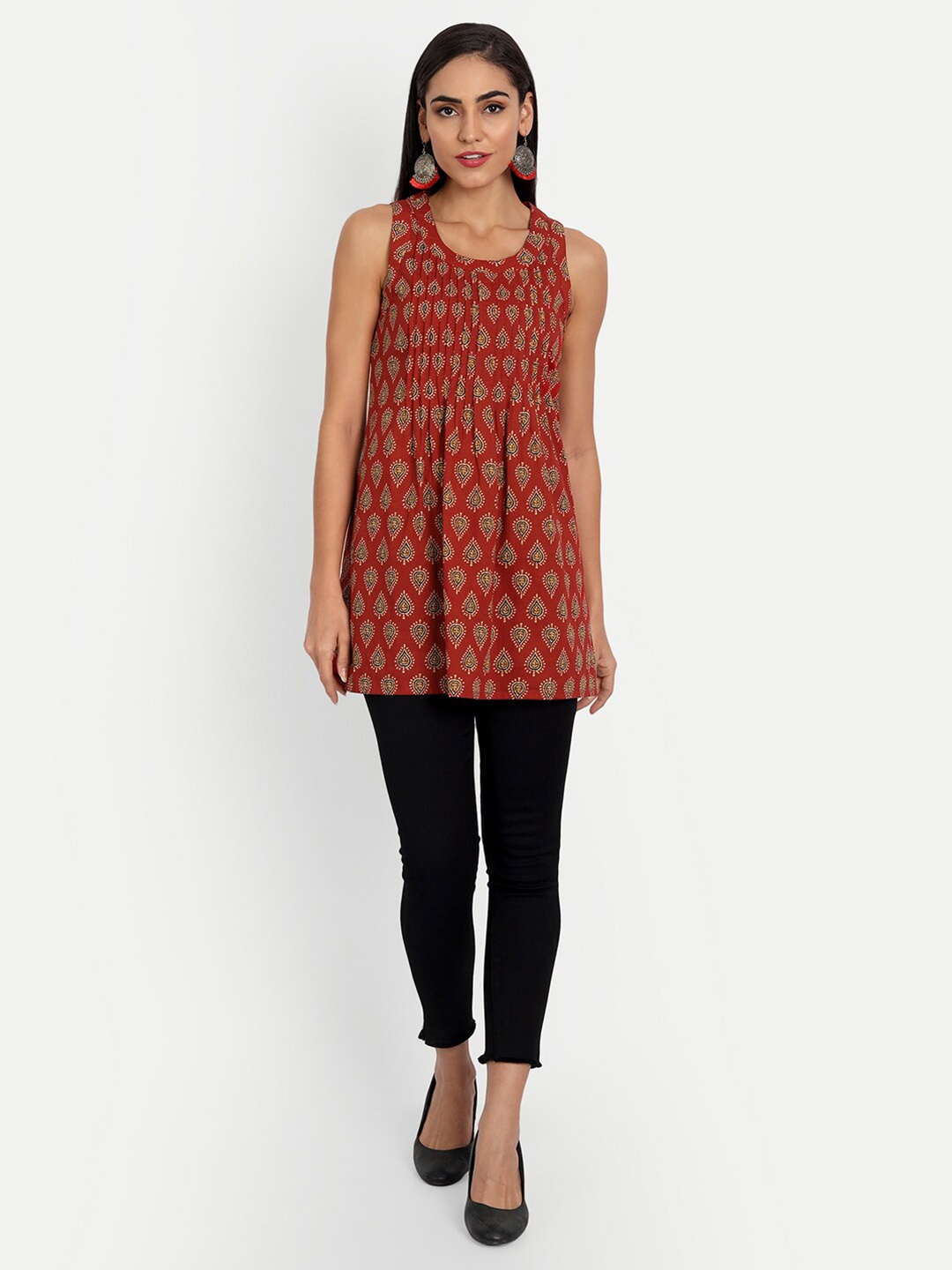 

ESSQUE Women Maroon Printed Cotton A-Line Top