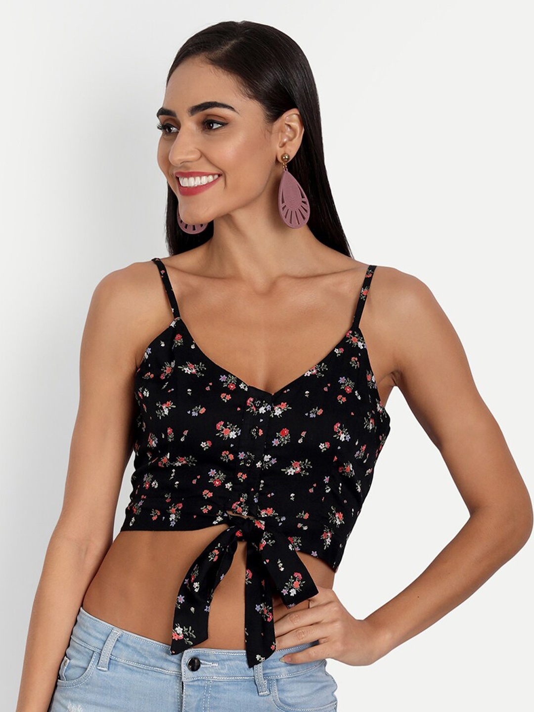 

ESSQUE Black & Red Floral Print Crop Top