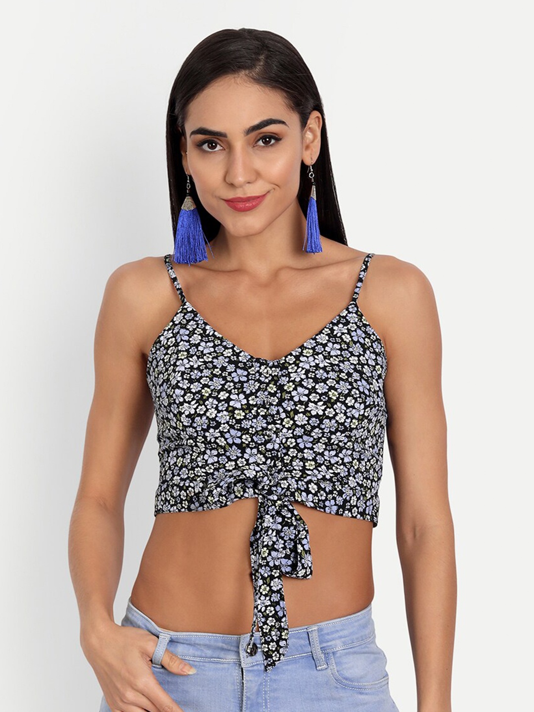 

ESSQUE Black & White Floral Print Blouson Crop Top