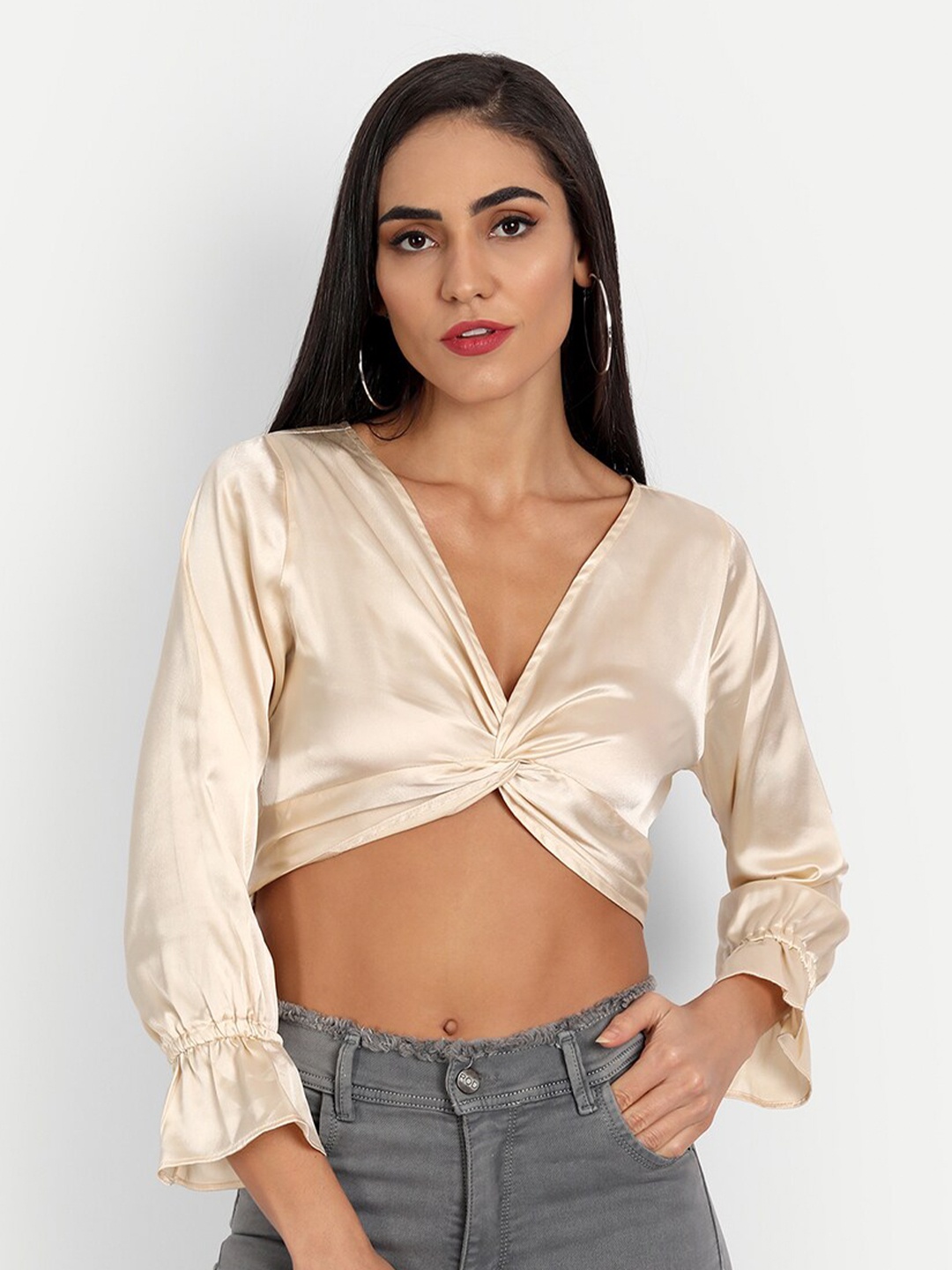 

ESSQUE Beige Solid Satin Blouson Crop Top