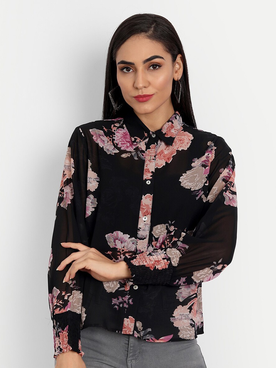 

ESSQUE Women Black Printed Georgette Shirt Style Top