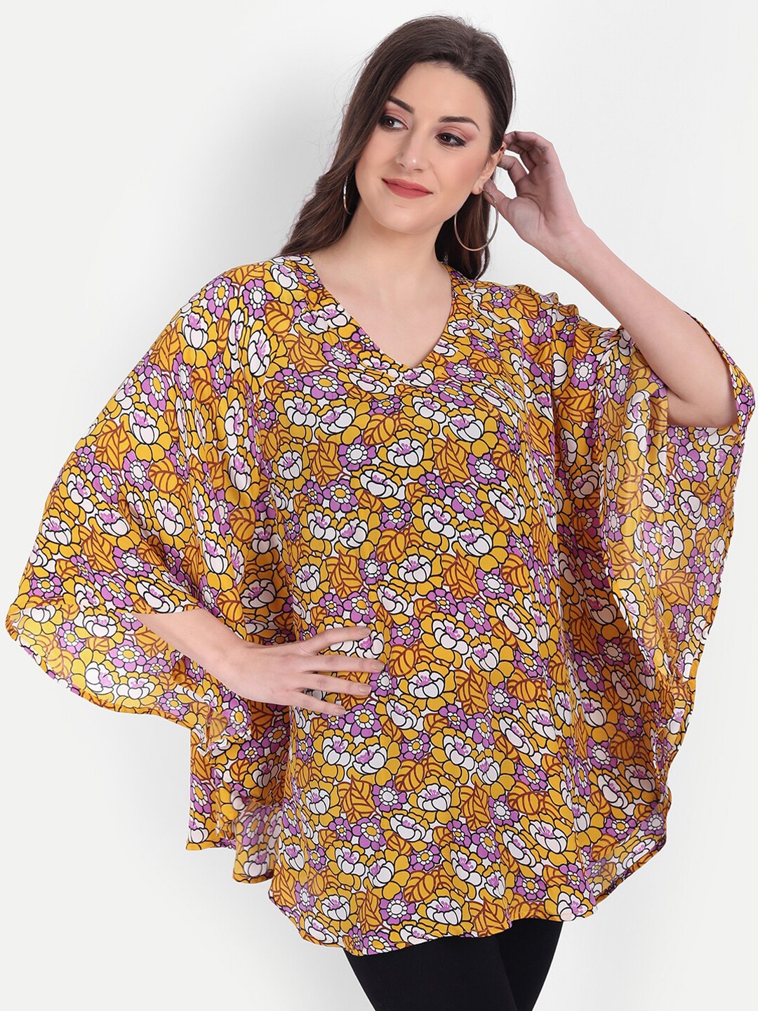 

MINGLAY Yellow & White Printed Kaftan Top