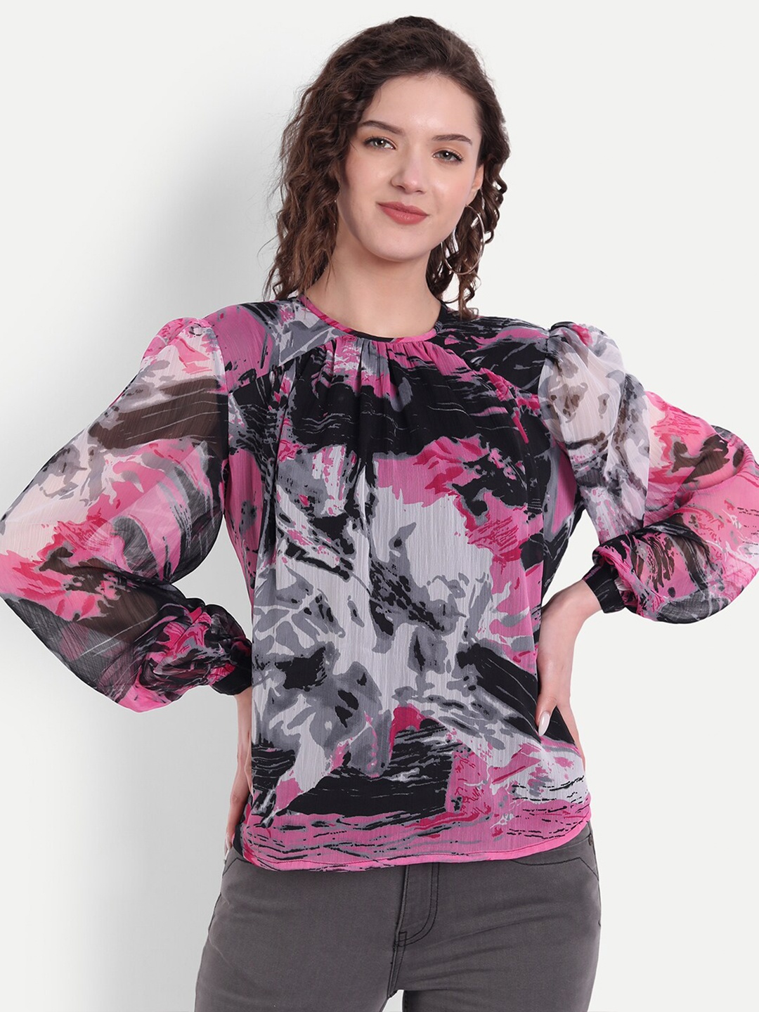 

MINGLAY Pink & Black Abstract Print Bishop Sleeves Chiffon Top