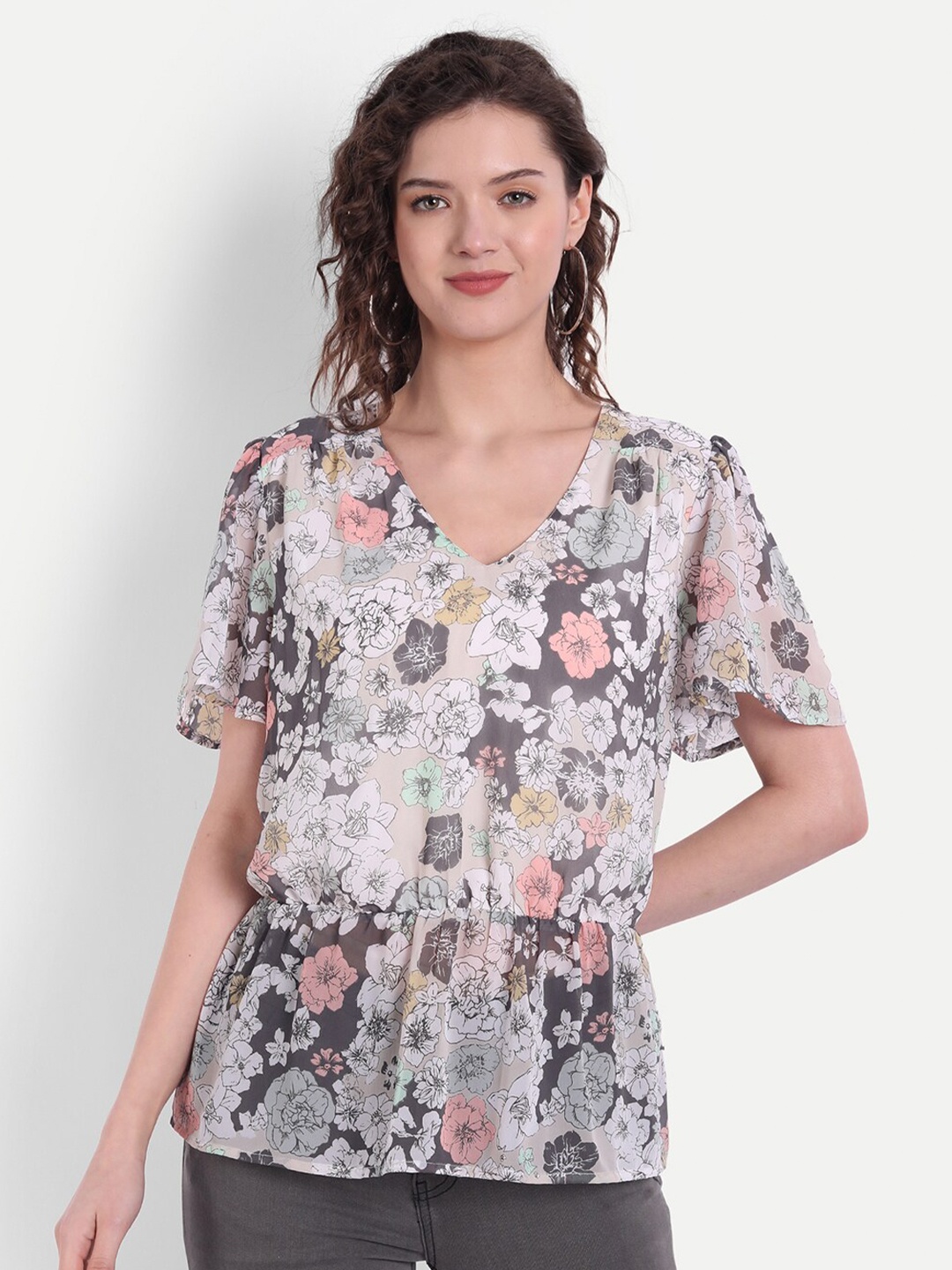 

MINGLAY Navy Blue Floral Printed Chiffon Cinched Waist Top