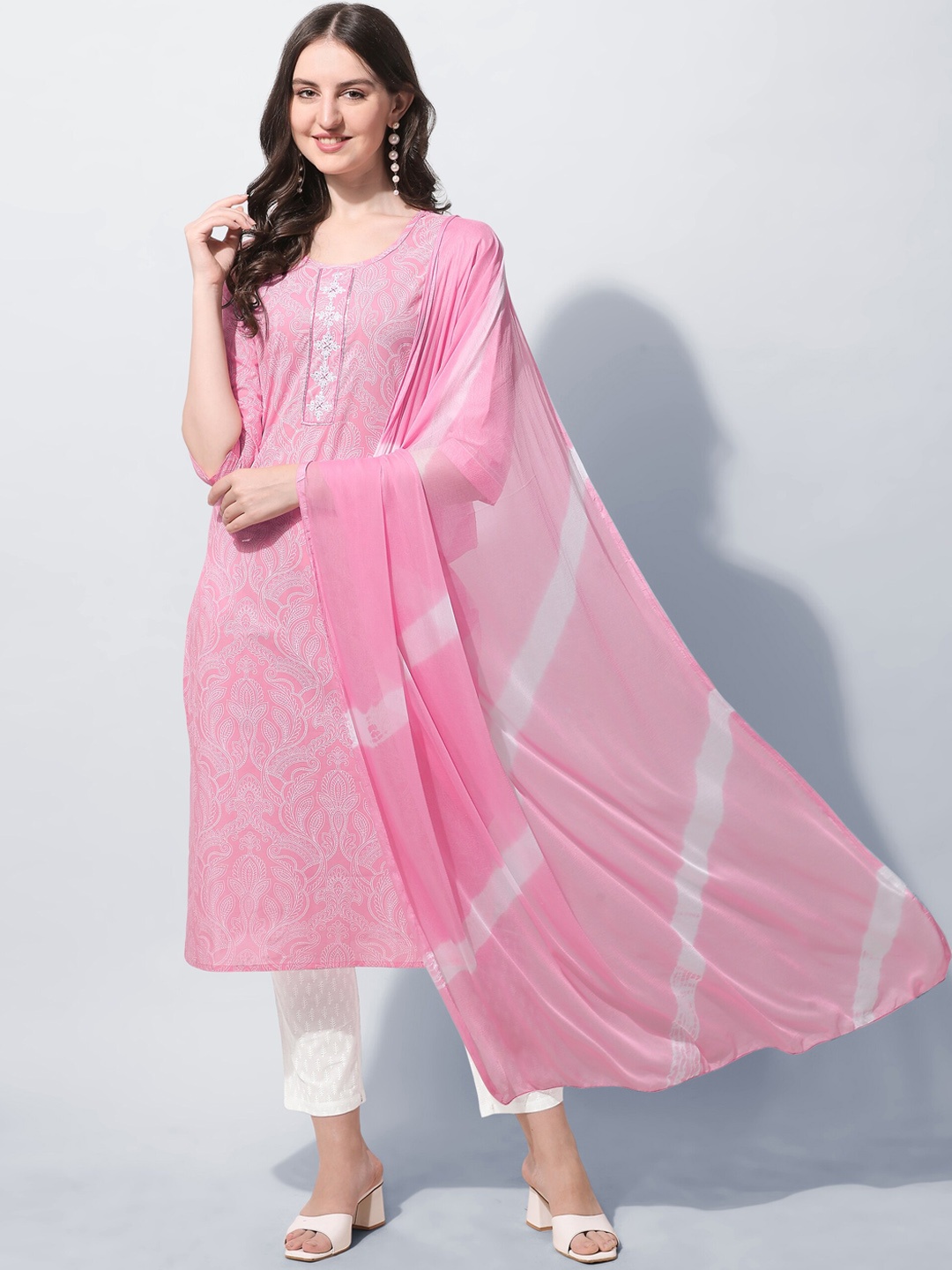 

KALINI Women Plus Size Pink Printed Pure Cotton Kurta with Trousers & Dupatta