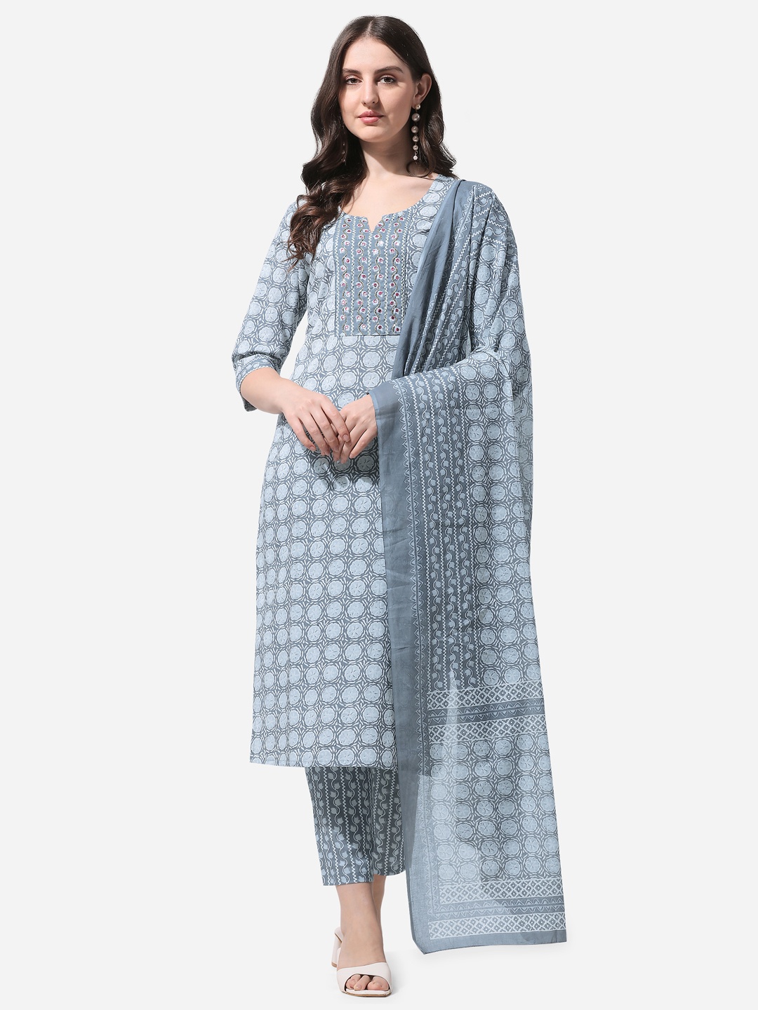 

MIRCHI FASHION Women Grey Yoke Design Thread Work Pure Cotton Kurta with Trousers &