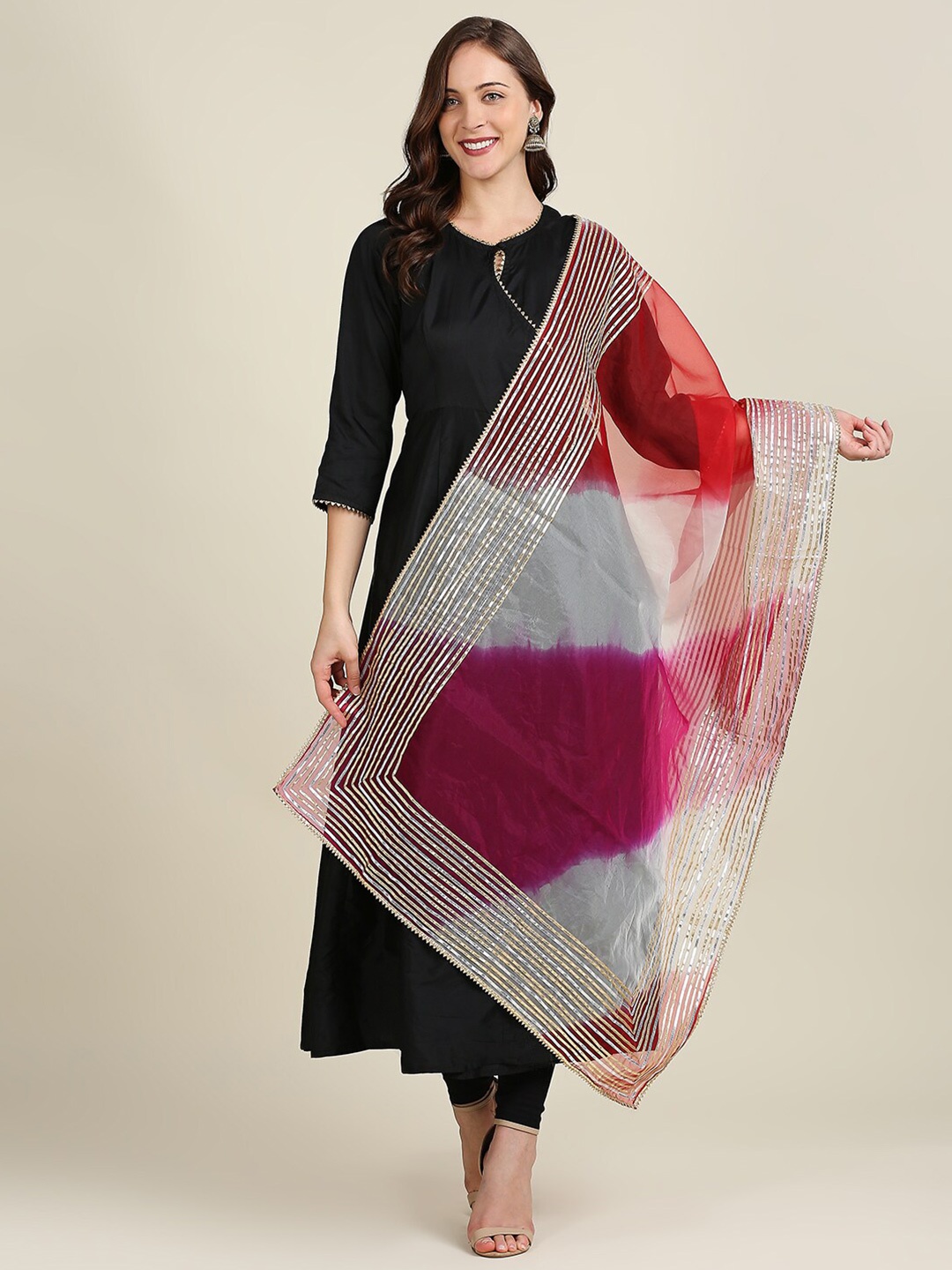 

Dupatta Bazaar Red & White Dyed Organza Dupatta with Gotta Patti