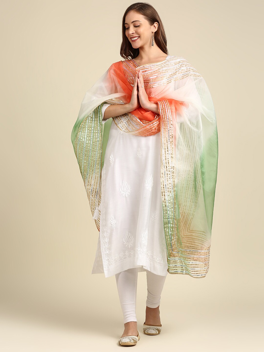 

Dupatta Bazaar Women White & Orange Dyed ( Tri Colour )Organza Dupatta with Gotta Patti