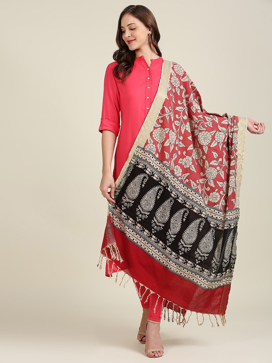 Dupatta Bazaar Coral & Black Printed Pure Cotton Kalamkari Dupatta
