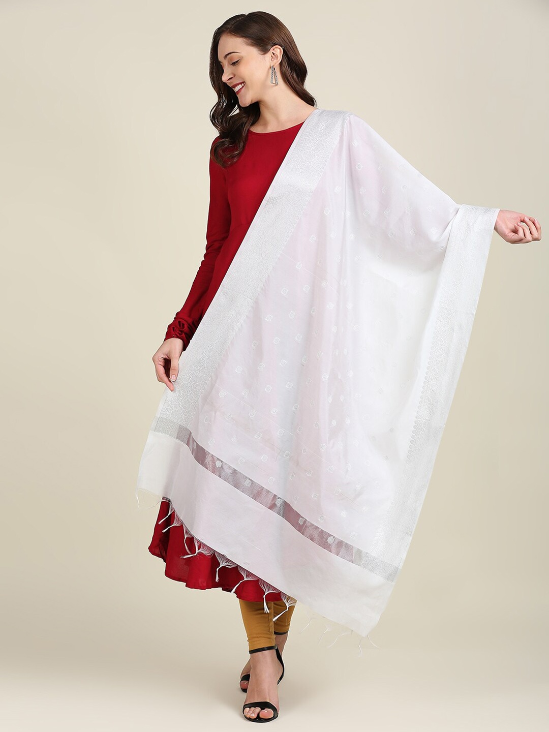 

Dupatta Bazaar White Ethnic Motifs Woven Design Dupatta