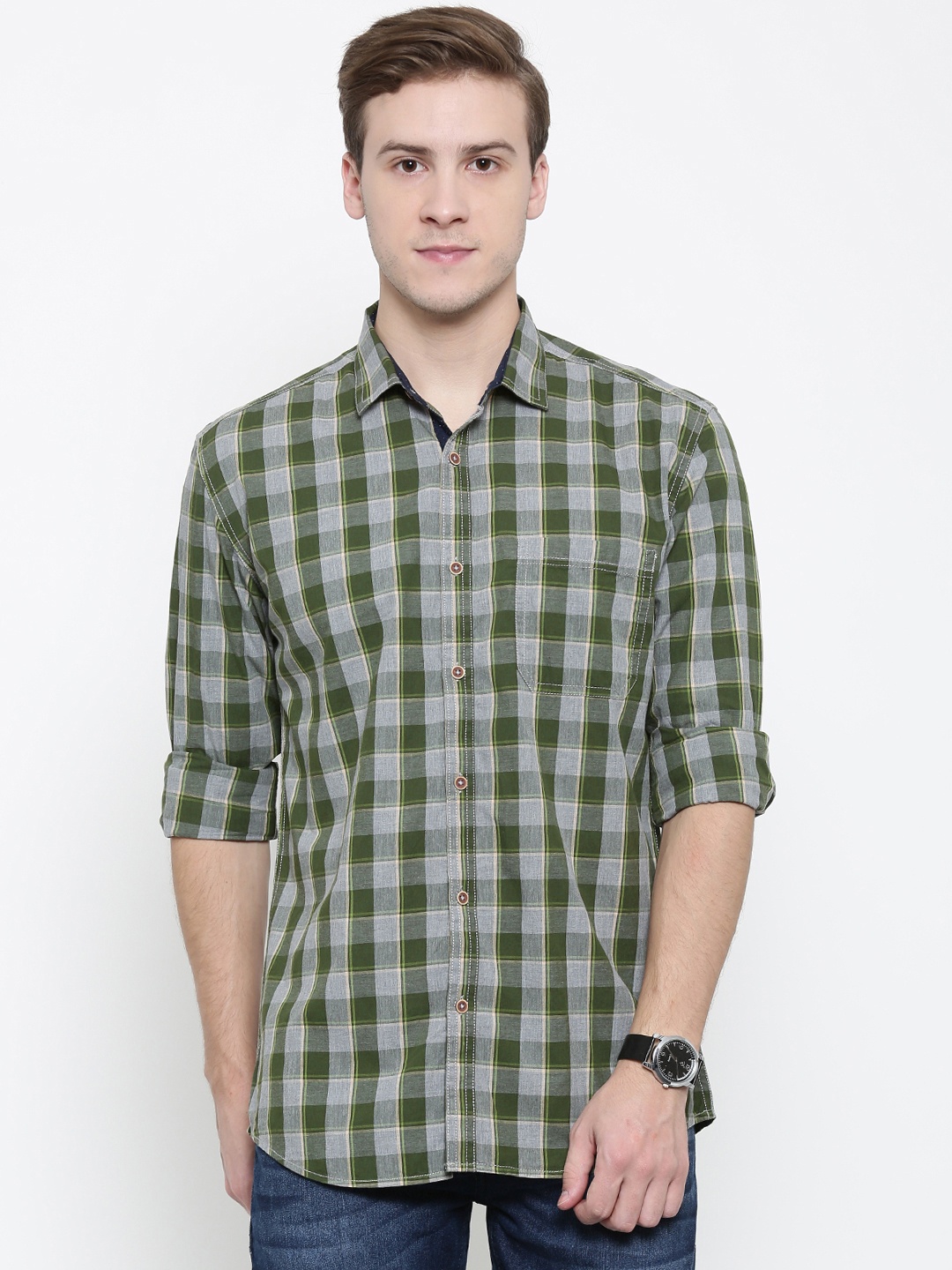 

Nature Casuals Men Green & Grey Slim Fit Checked Casual Shirt