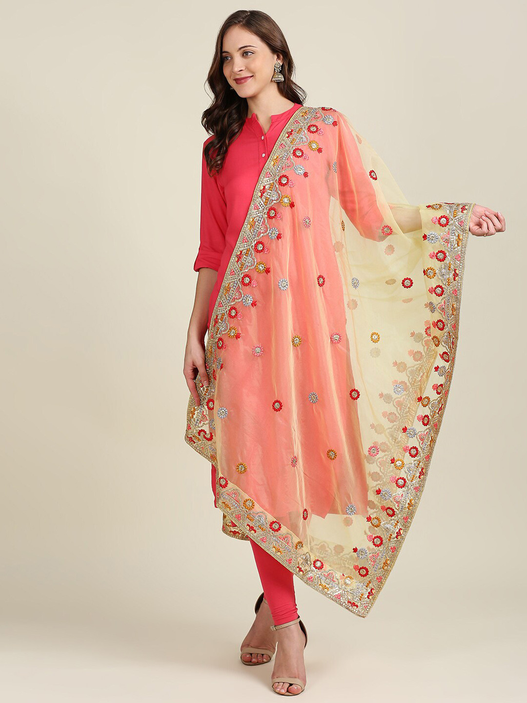 

Dupatta Bazaar Yellow & Red Embroidered Organza Dupatta with Thread Work