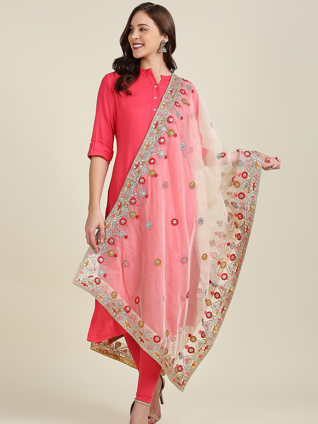 

Dupatta Bazaar Beige & Red Ethnic Motifs Embroidered Organza Dupatta