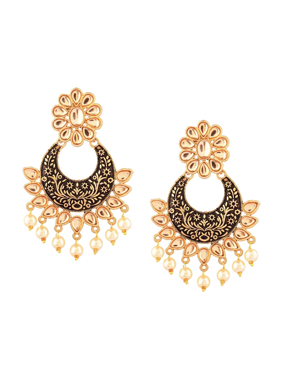 

Efulgenz Women Black Floral Antique Designer Dangling Style Chandbalis Earrings