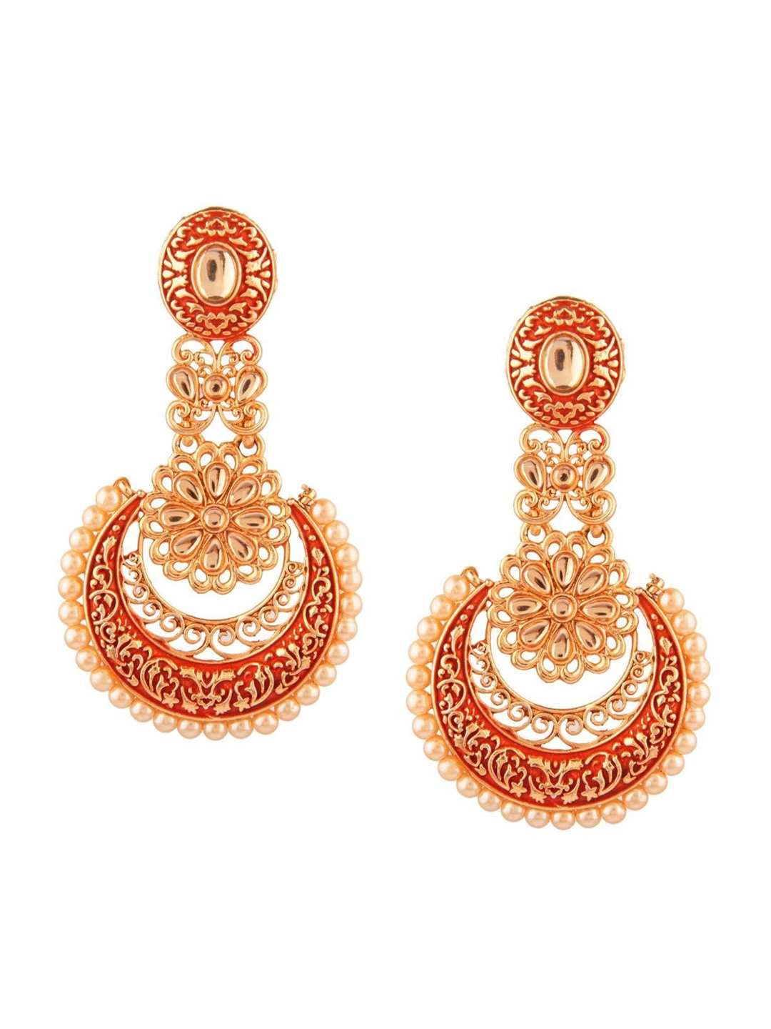 

Efulgenz Red & Gold Plated Crescent Shaped Chandbalis Earrings