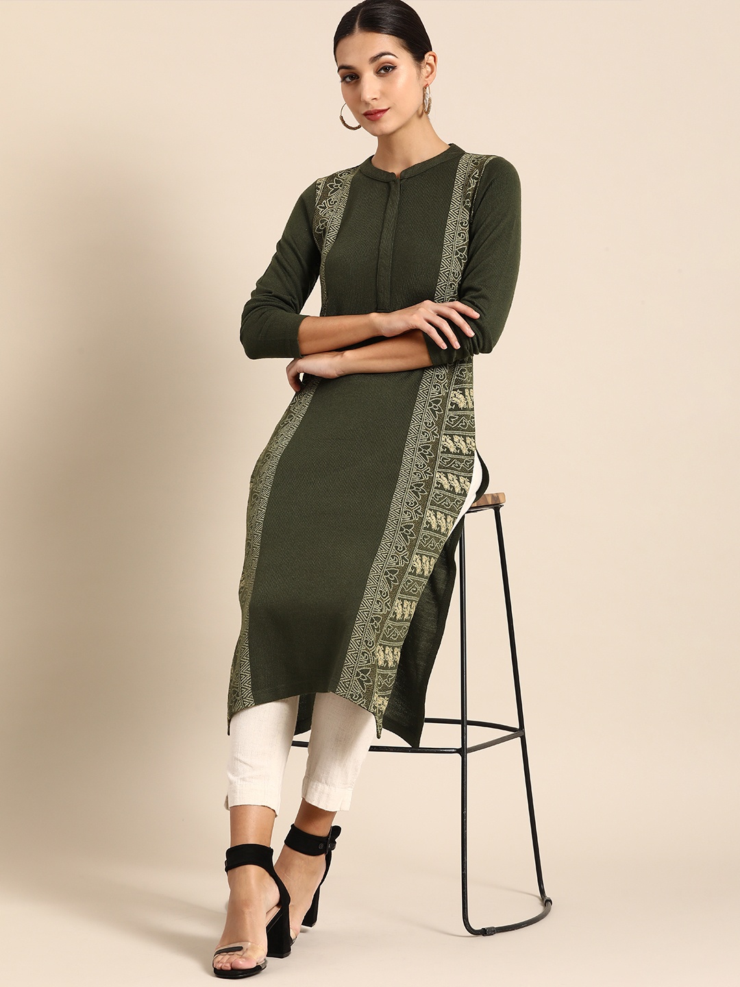 

Anouk Women Olive Green Ethnic Motifs Winter Kurta