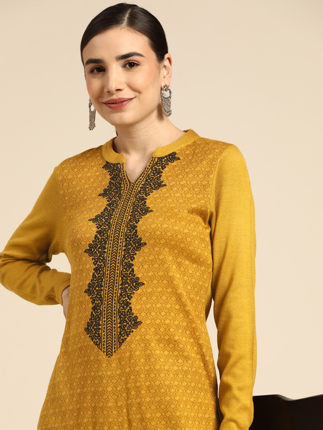 

Anouk Women Mustard Yellow & Black Pure Acrylic Ethnic Motifs Knitted Winter Kurta