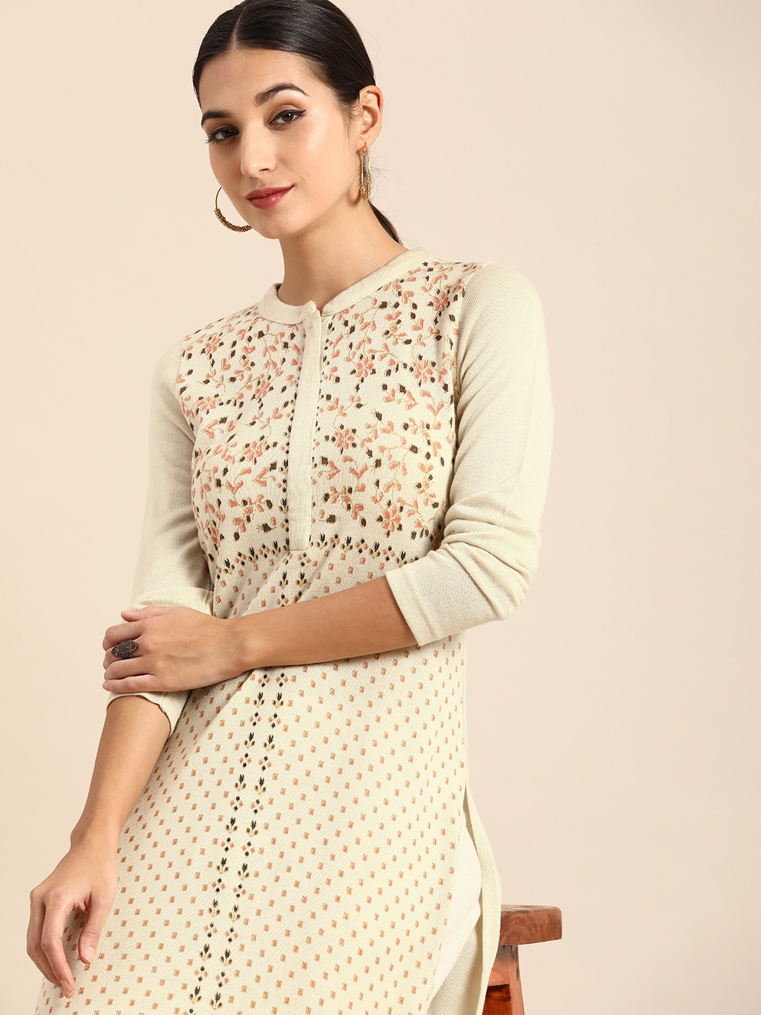 

Anouk Women Off White Floral Printed Winter Kurta