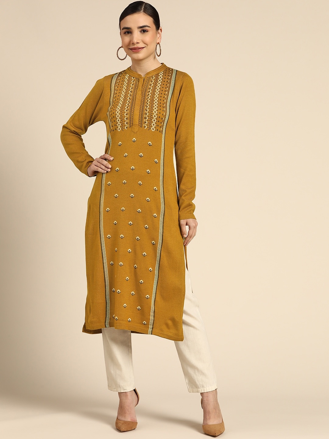 

Anouk Women Mustard Brown Ethnic Motifs Knitted Acrylic Winter Kurta