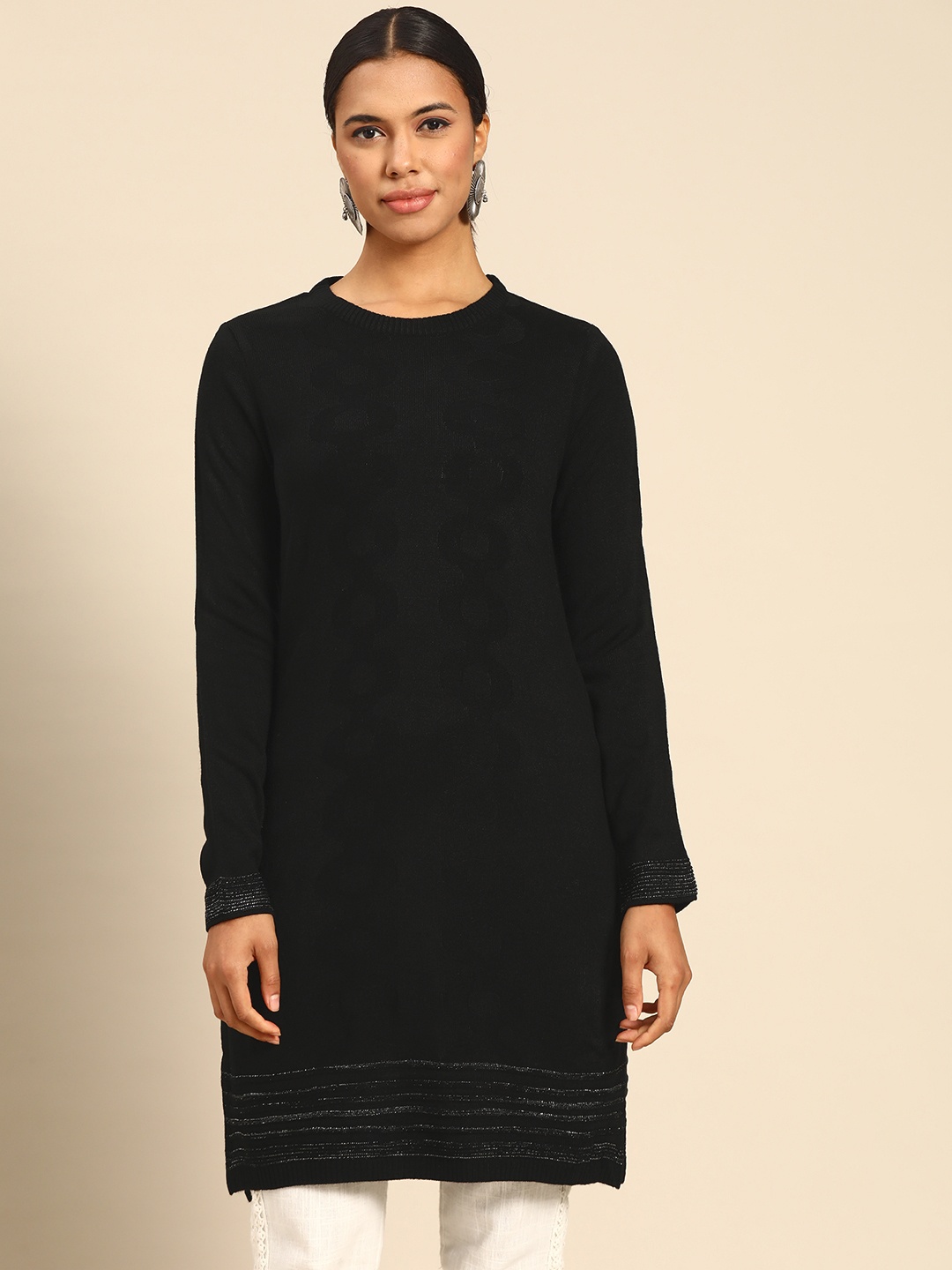 

Anouk Women Black Woven Design Straight Winter Winter Kurta