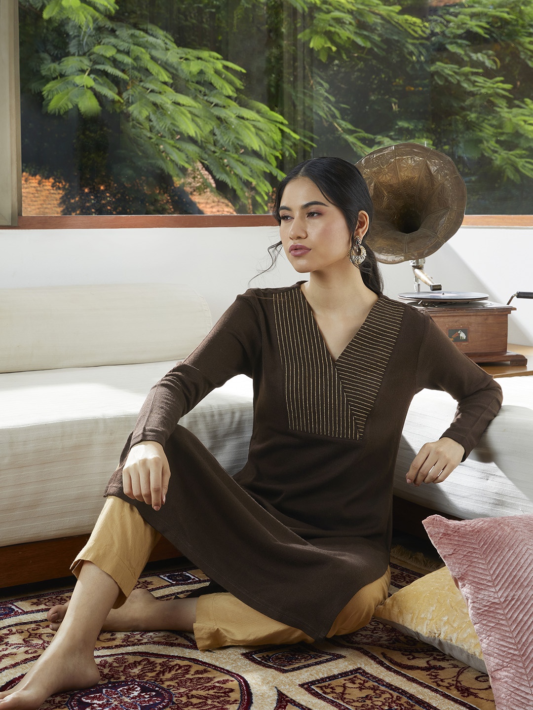 

Anouk Women Coffee Brown & Gold-Toned Yoke Design Winter Winter Kurta