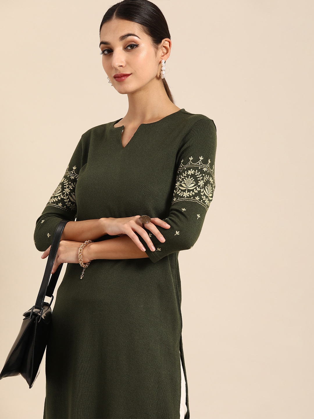 

Anouk Women Olive Green Ethnic Motifs Embellished Kurta