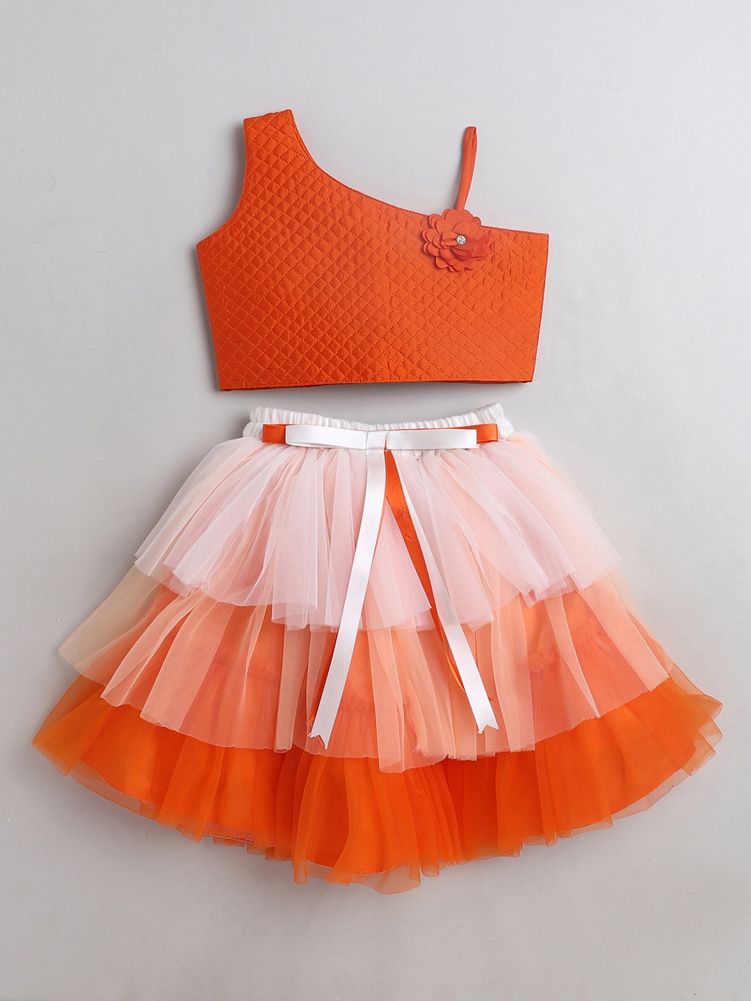 

The Magic Wand Girls Orange & White Embellished Top with Skirt