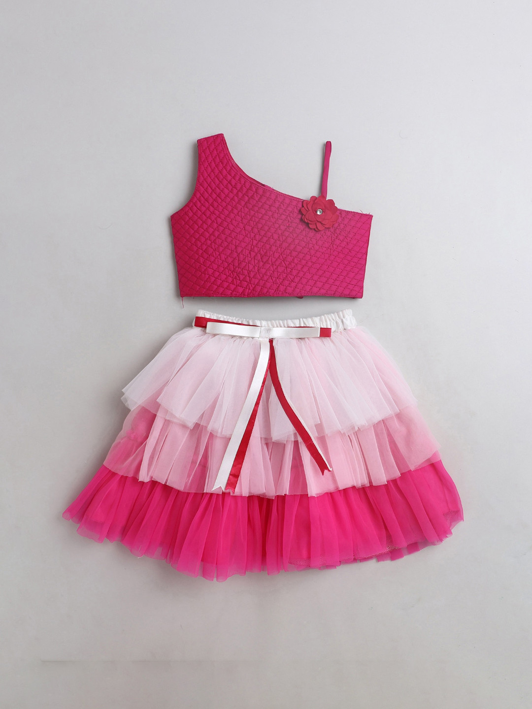 

The Magic Wand Girls White & Fuchsia Solid Top with Skirt