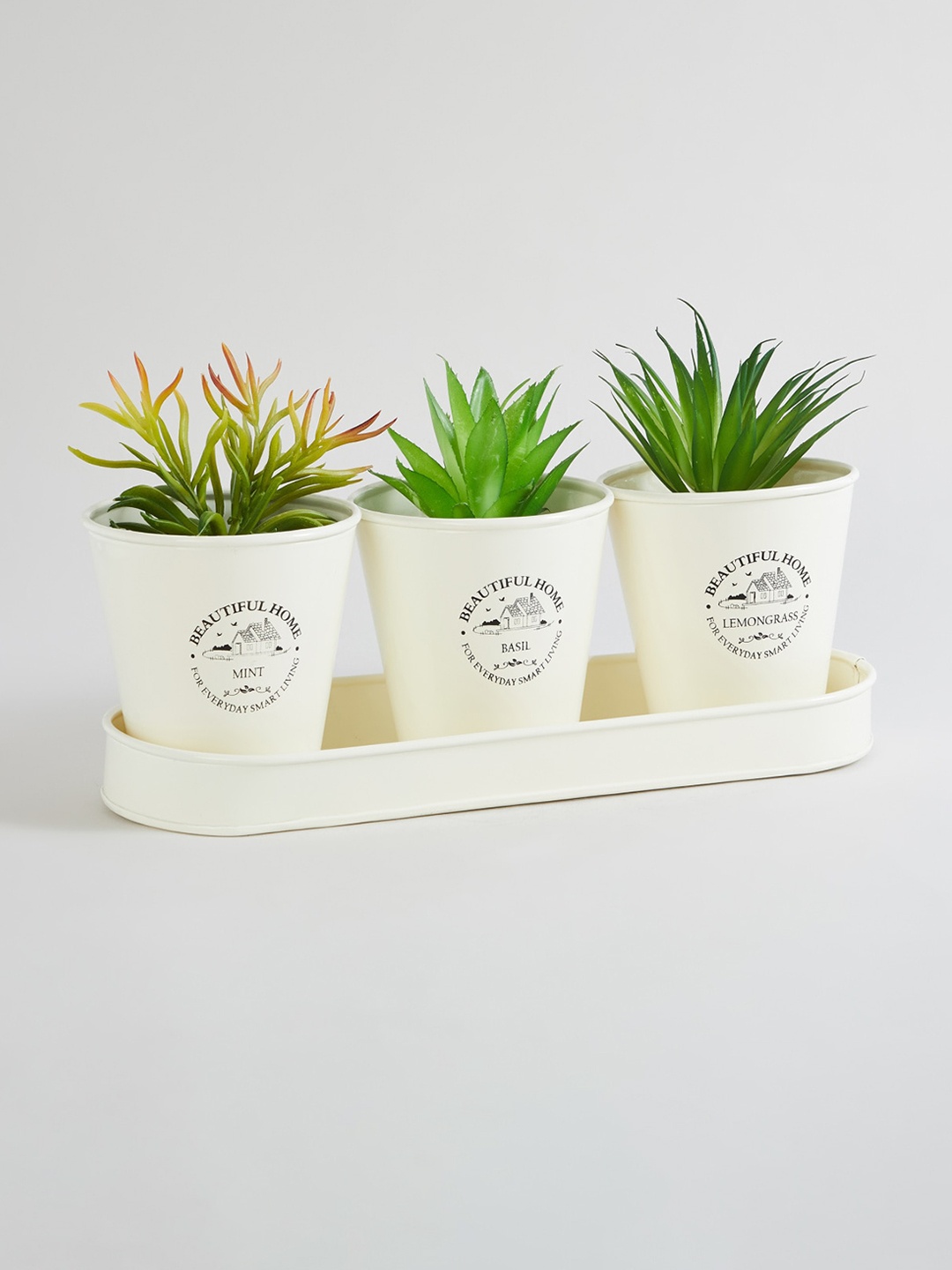 

Home Centre Set of 3 Mendo White Solid Metal Floor Planters with Stand