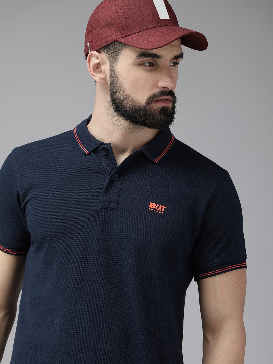 

BEAT LONDON by PEPE JEANS Men Navy Blue Brand Logo Printed Polo Collar T-shirt