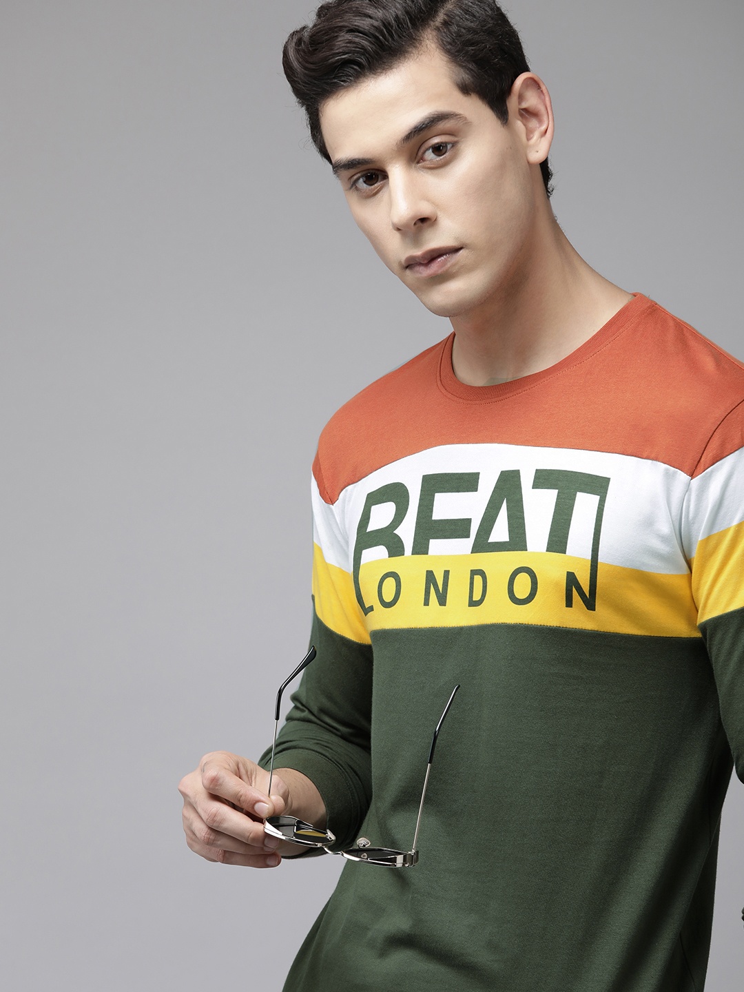 

BEAT LONDON by PEPE JEANS Men Green Colourblocked Slim Fit Pure Cotton T-shirt